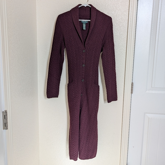 Ralph Lauren Sweaters - Lauren Ralph Lauren burgundy belt Cable Knit Cardigan Duster Sz S Festival Rodeo